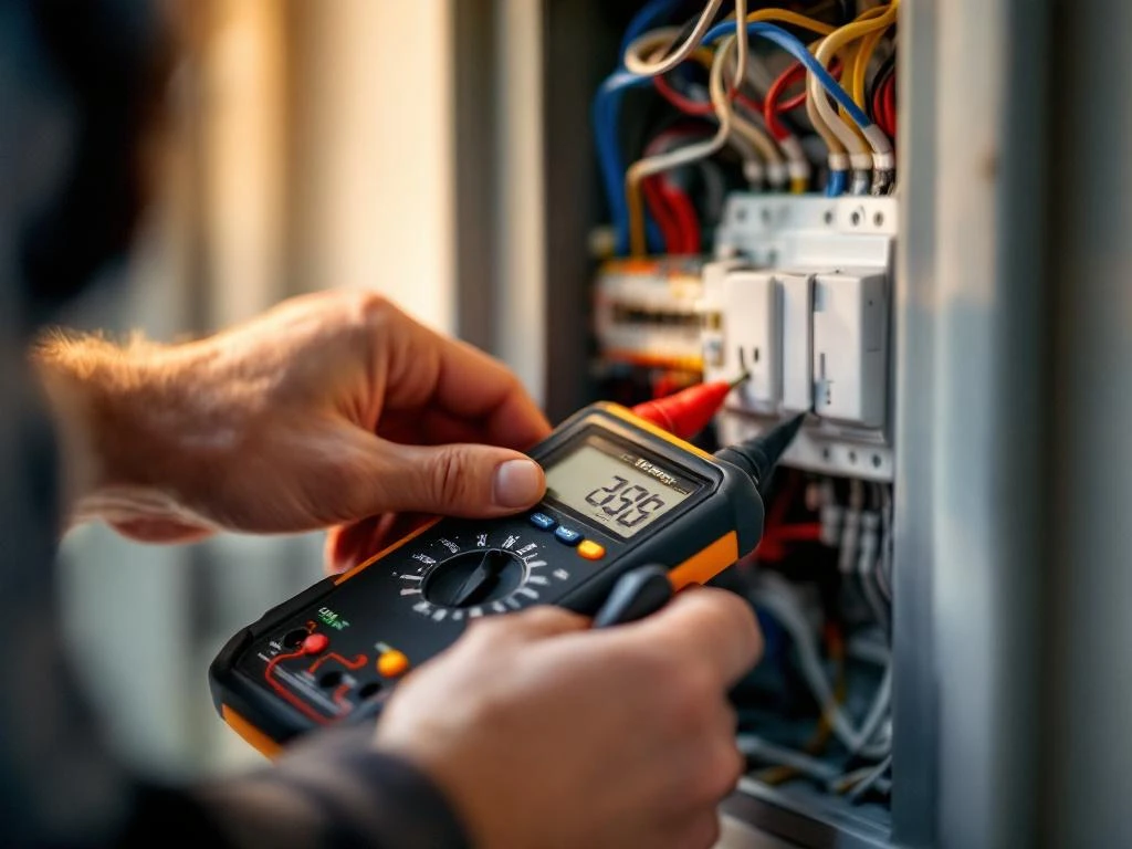 Electrician testing electrical outlet with digital multimeter, showing voltage reading on LCD display with electrical panel in background