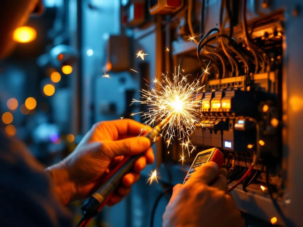 Electricians repair emergency electrical system with visible sparks from open electrical panel, security cameras in the background