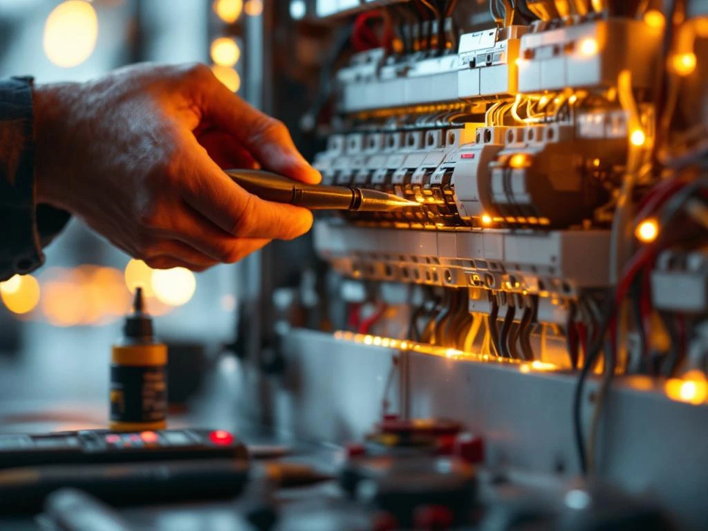 Elektriker byter säkring i elcentral med professionella verktyg och multimeter i svenskt hem