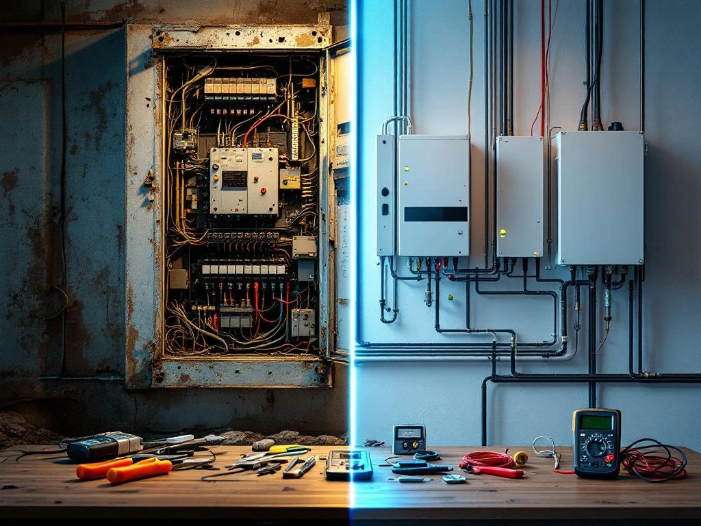 Electrical renovation before and after: old rusty electrical cabinet with exposed cables compared to modern white electrical cabinet