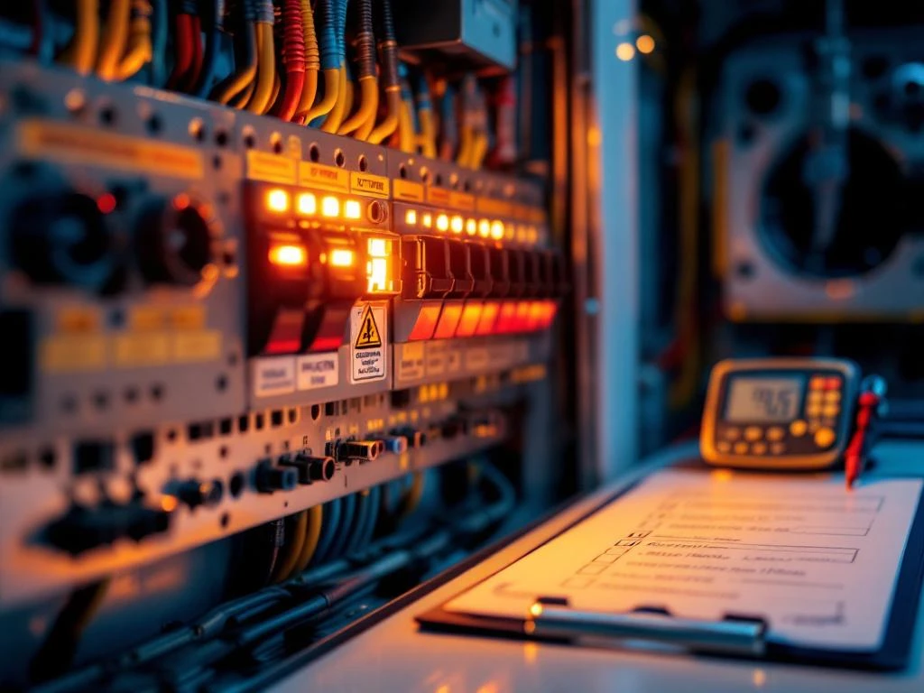 Electrical panel with fuses and circuit breakers, digital multimeter, and inspection checklist on white surface with professional lighting