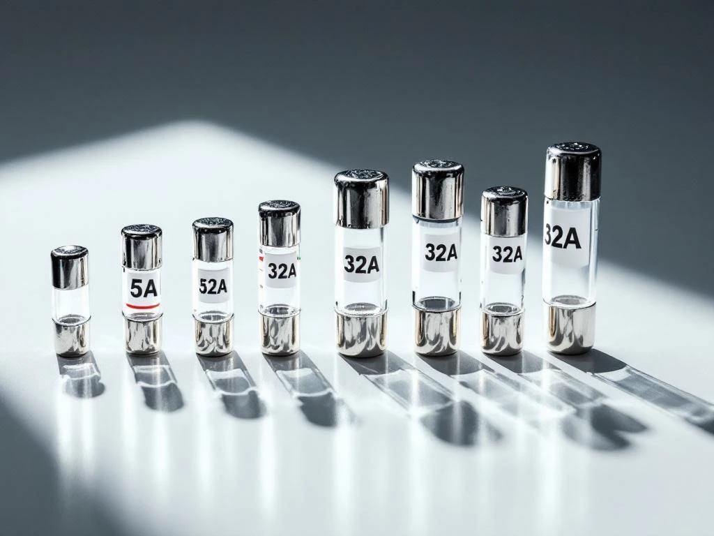Electrical fuses of various sizes arranged in a grid pattern, ranging from 5A glass-tube fuses to 32A ceramic fuses