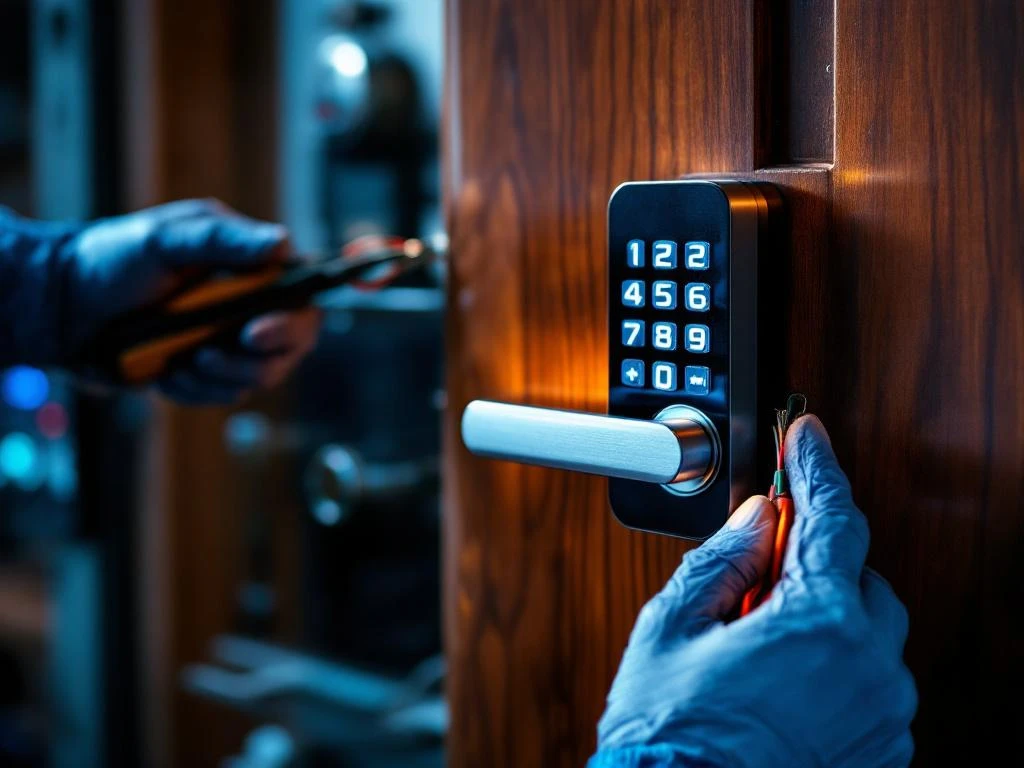 A technician is installing a modern electronic door lock on a wooden door, with tools and colored wires visible