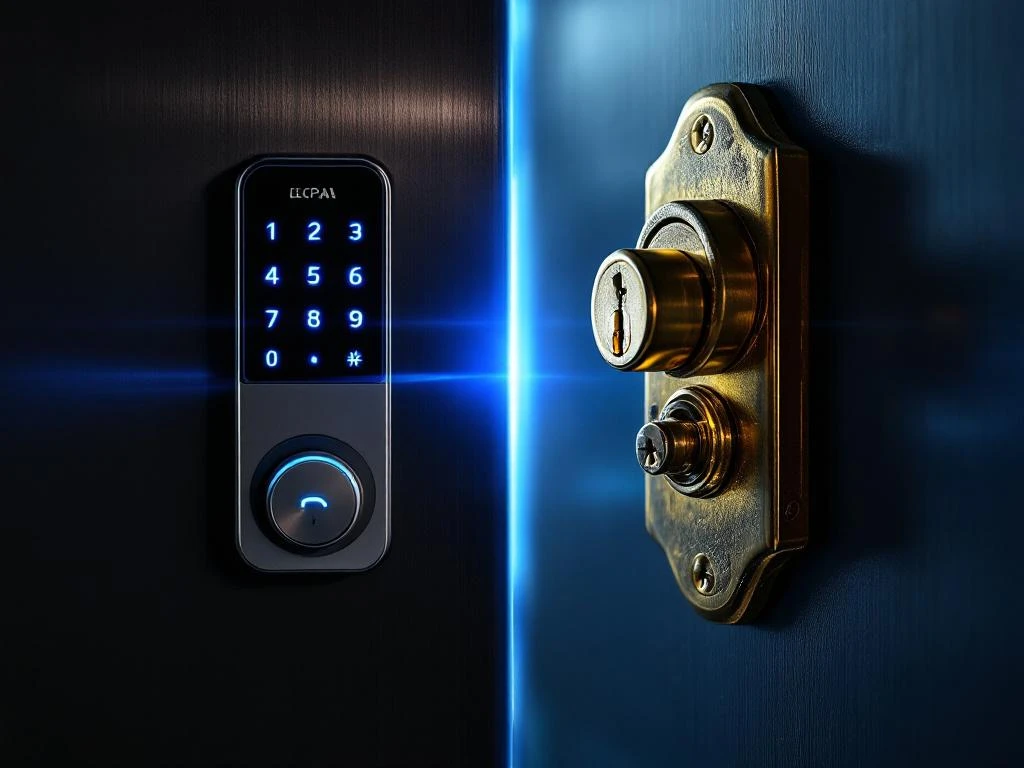 Comparison of an electronic keypad lock with a blue LED display and a traditional brass lock with a visible key mechanism