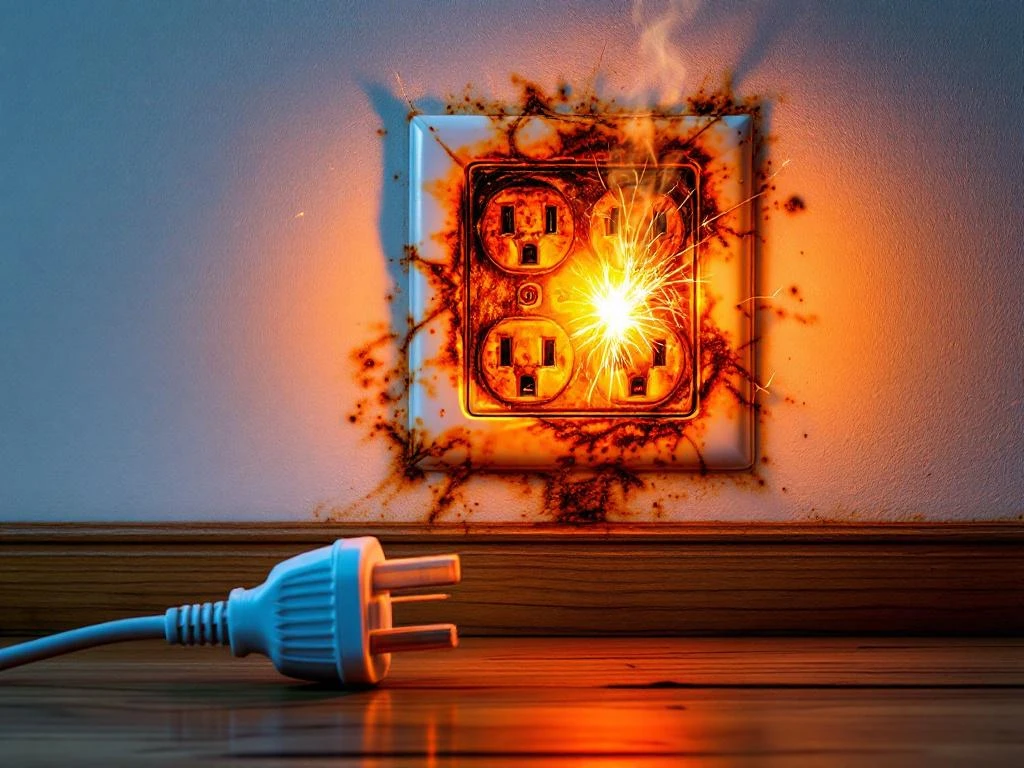 Electrical outlet with burn marks and smoke marks from overheating, disconnected cord on wooden surface indicates electrical safety hazard