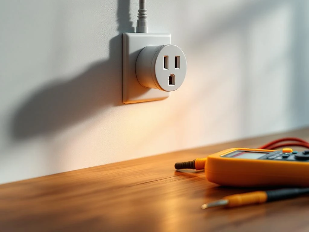 Elektrisk kontakt med trepoligt stickkontakt som förs in, multimeter med gula och svarta sladdar på träyta bredvid