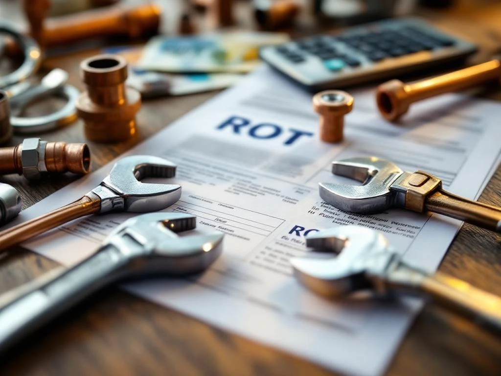 Professional plumbing tools and ROT tax forms on a wooden desk with Swedish kronor and a calculator