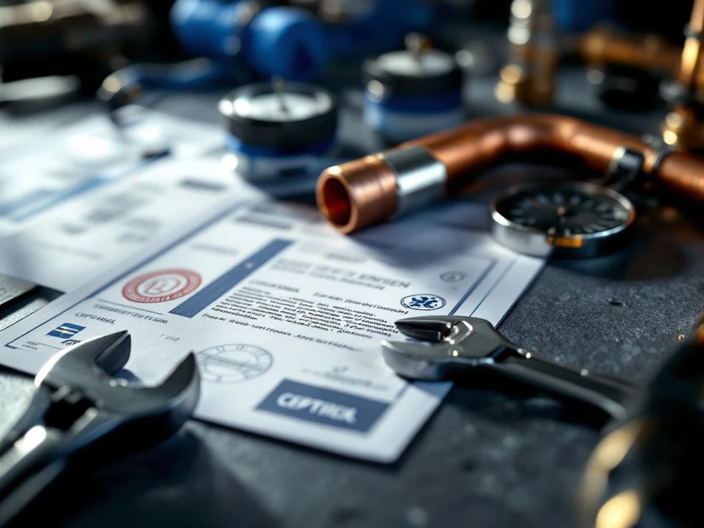 Official Swedish plumbing permits and certification documents with professional plumbing tools in the background