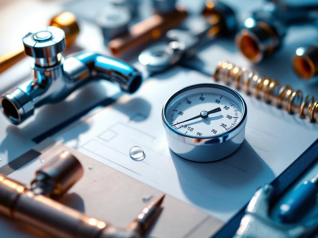 Professional plumbing tools with pressure gauge in focus, pipe wrench, copper pipe, and checklist on white surface