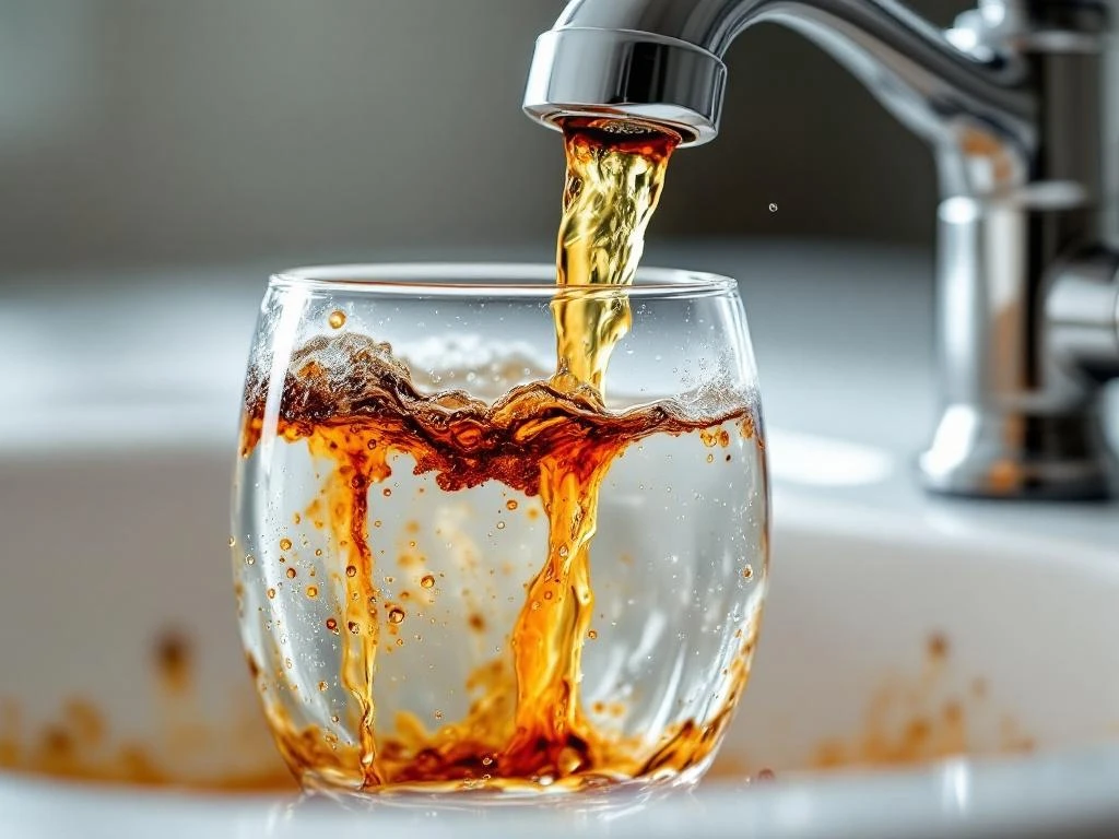 Rostigt orange-brunt vatten rinner från kökskran i glas mot vit diskho, visar problem med vattenkvalitet