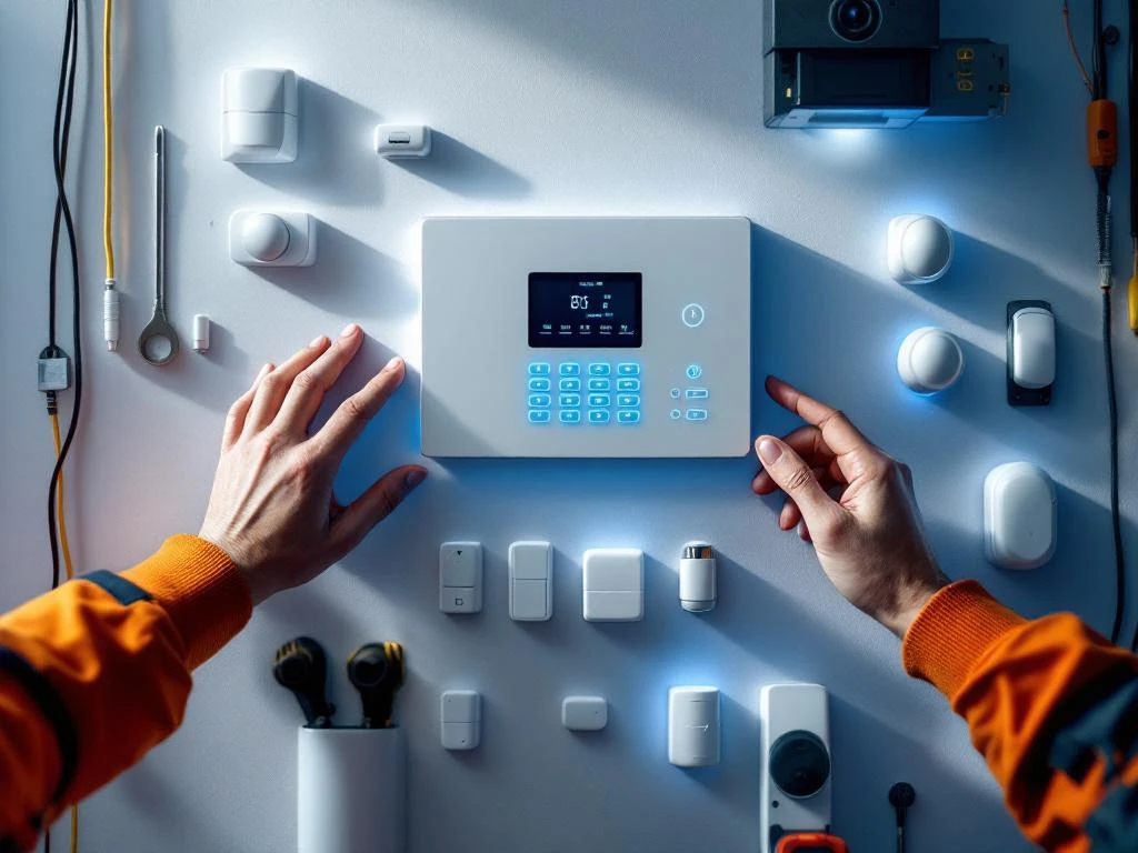 An electrician is installing a white security alarm with blue LED indicators on a wall, surrounded by safety equipment and tools