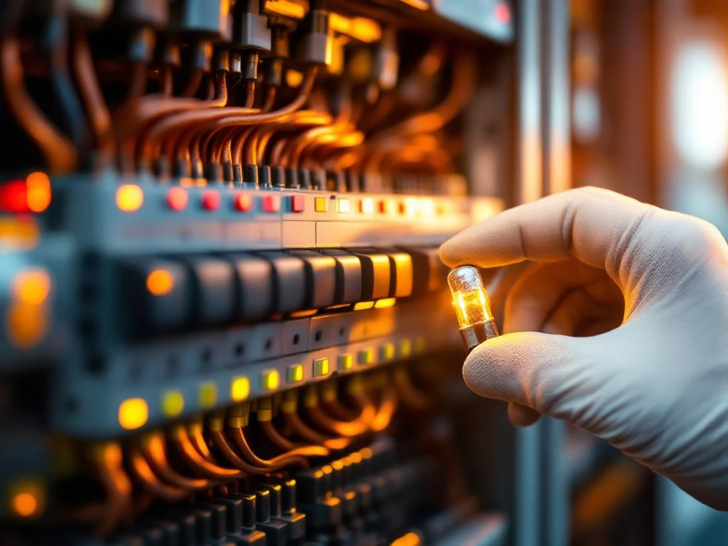 Elektriker med handske byter säkring i öppen säkringsskåp med brytare och koppartrådar