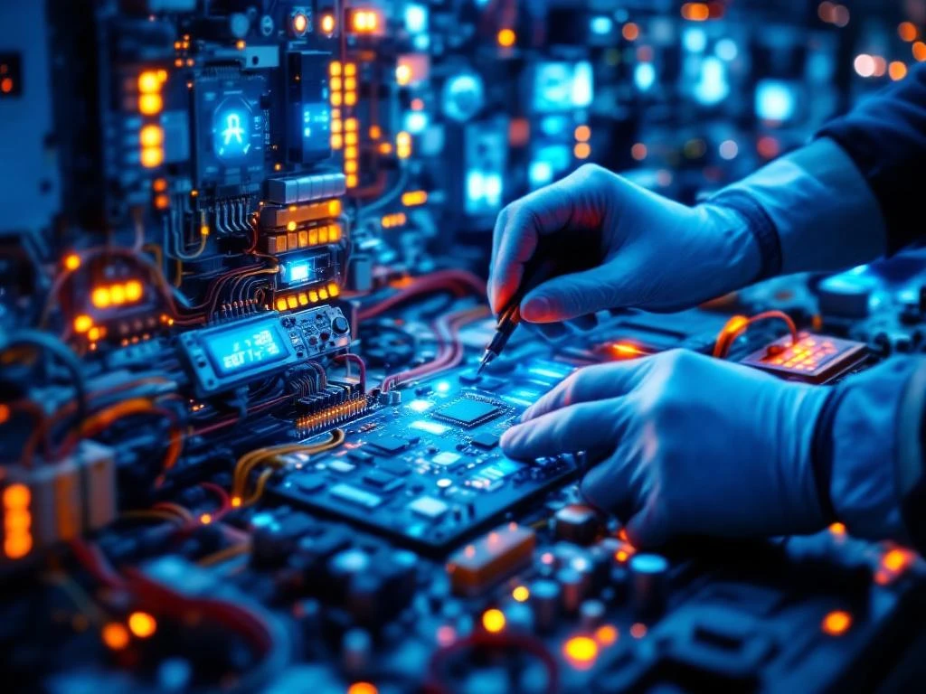 Technicians wearing protective gloves work with electrical safety equipment, illuminated circuit boards, and digital safety panels.