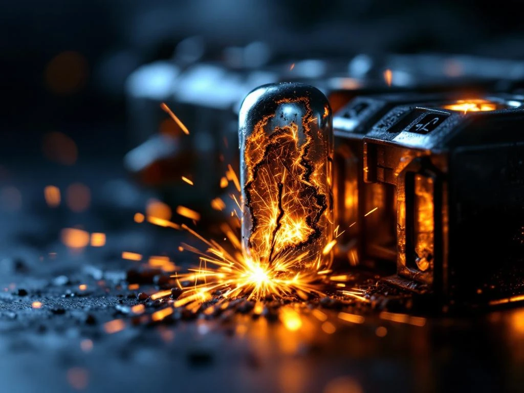 Blown fuse in a fuse box with visible burn marks and a broken wire; orange sparks against a dark background
