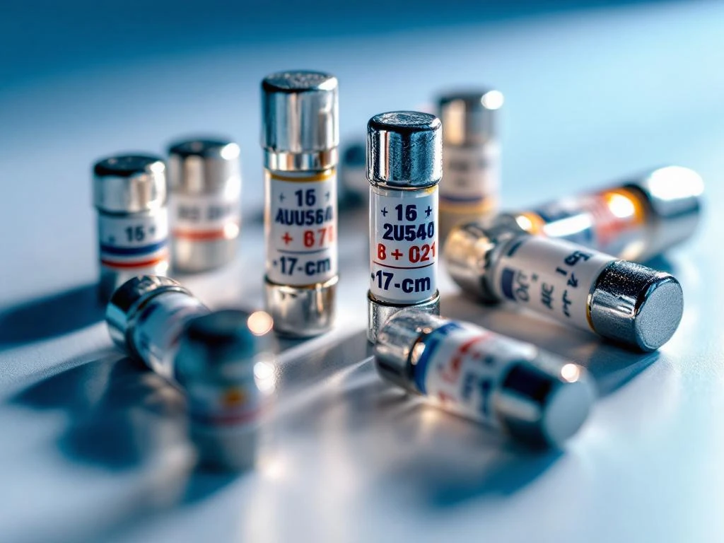 Electrical fuses with clear ampere markings and color-coded bands arranged on a white surface for safety training