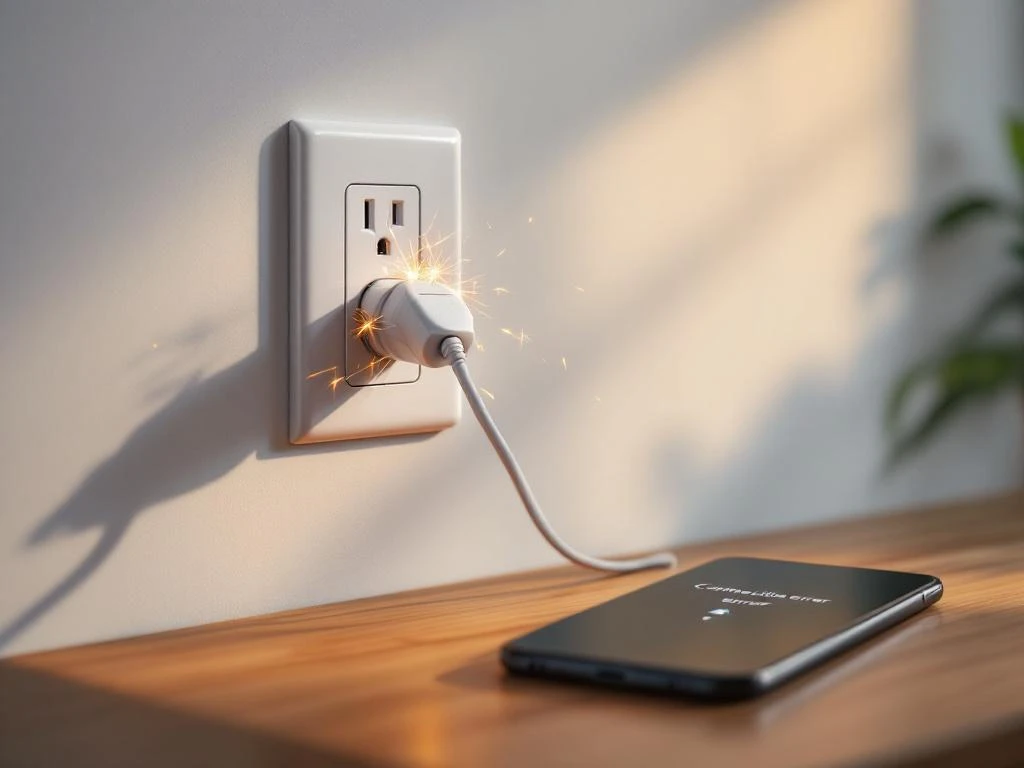 Defekt smart eluttag med gnistor från lös stickkontakt, flimrande LED-indikatorer och anslutningsfel på telefon
