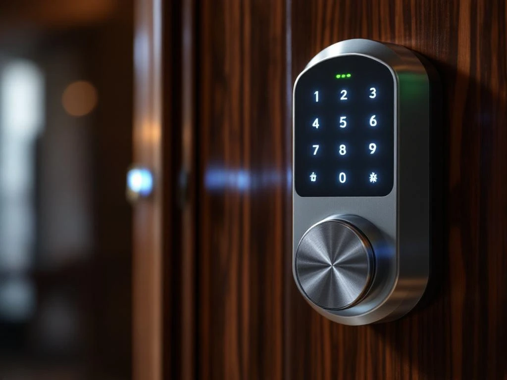 Modern smart lock with a blue LED keypad and fingerprint reader mounted on a mahogany door with a green status indicator