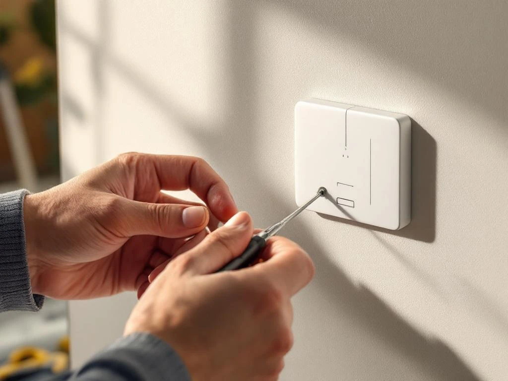 Hands installing white WiFi smart switch on wall with professional power tools in modern interior