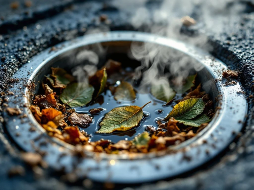 Gutter system with stagnant water, leaves, and dirt causing bad odors and bacterial growth in metal gutters