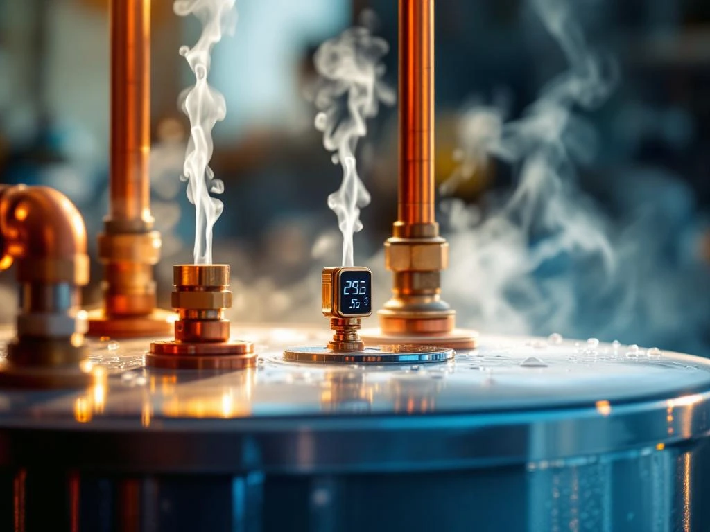 Hot water heater with steam from copper pipes, digital temperature gauge, and chrome valves in a professional plumbing workshop