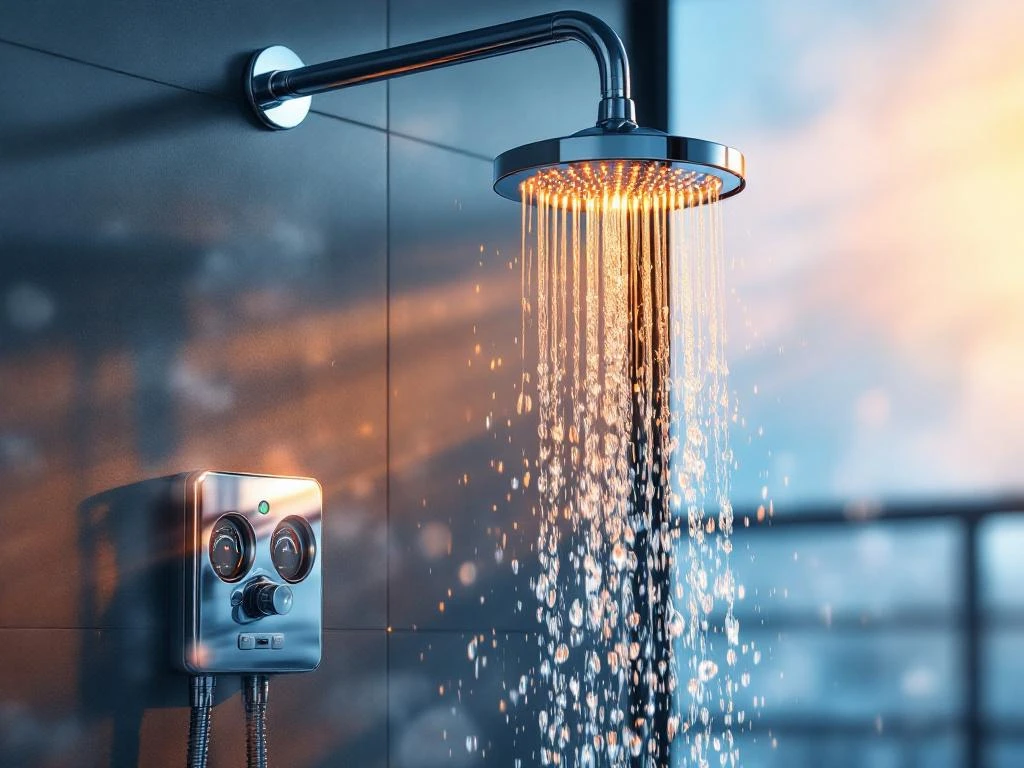 Modernt badrum med stor duschkran som droppar lite vatten, varmvattenberedare med sjunkande temperaturmätare i förgrunden