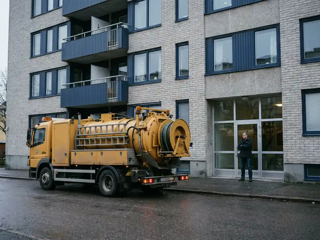 Gul akutbil för avloppsrensning parkerad utanför ett svenskt flerbostadshus med en hyresgäst i entrén.