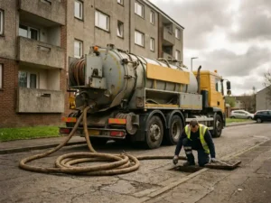Avloppsbil med industrislang parkerad vid flerfamiljshus, tekniker inspekterar dagvattenbrunn på trottoaren.