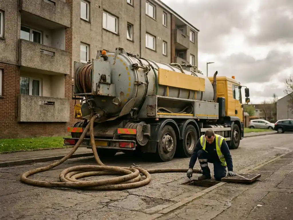 Avloppsbil med industrislang parkerad vid flerfamiljshus, tekniker inspekterar dagvattenbrunn på trottoaren.