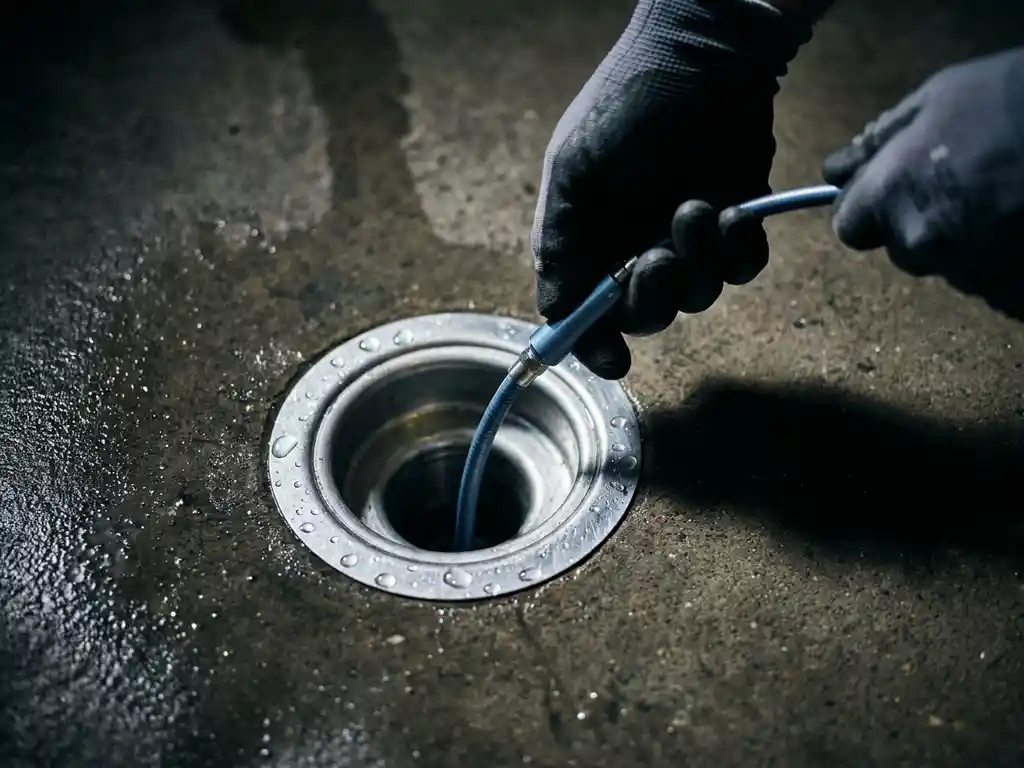 Handsklädd tekniker sänker inspektionskamera i rengjort avloppsrör på våt betongyta, sett ovanifrån.