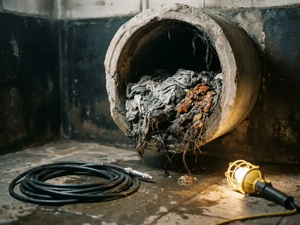 Avloppsrör igensatt med våtservetter, fett och hårötter i en betongkällare, med en rensningsslang på våt stengolv.
