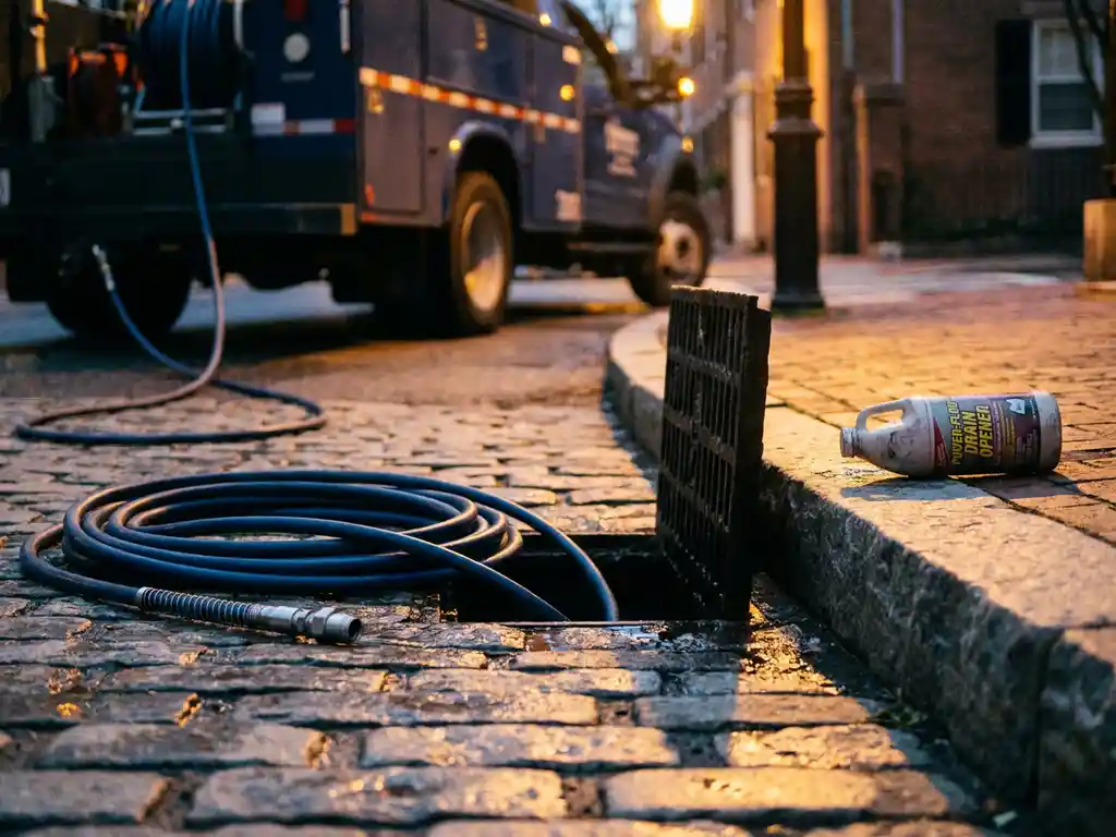 Högtrycksslang från professionell spolbil i ett gatubrunnslock med glänsande kullerstensbeläggning och oanvänd kemisk avloppsrensare på trottoarkanten.