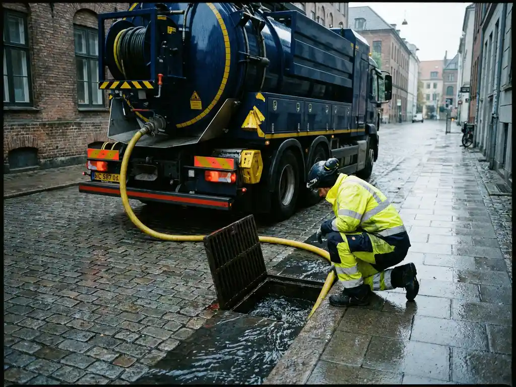 Tekniker i skyddskläder inspekterar öppen dagvattenbrunn bredvid högtrycksspolbil på våt stadsgata med kullerstensbeläggning.