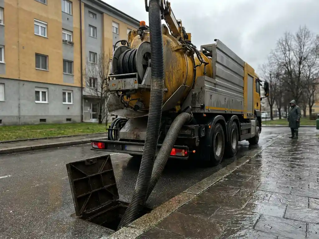 Sugbil parkerad på våt villagata vid svenskt flerfamiljshus, med industrislang nerförd i öppen dagvattenbrunnslock.