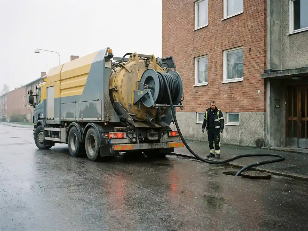 Högtrycksspolbil parkerad utanför svenskt flerbostadshus, industrislang utdragen över våt betong mot avloppsbrunn, fastighetsförvaltare observerar arbetet.