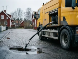 Gul spolbil parkerad på svensk bostadsgata med högtrycksslang nerförd i öppen dagvattenbrunn på våta kullerstensgator.