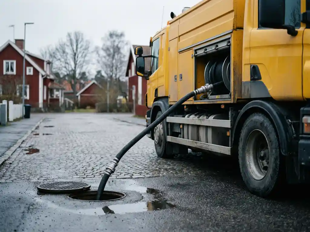 Gul spolbil parkerad på svensk bostadsgata med högtrycksslang nerförd i öppen dagvattenbrunn på våta kullerstensgator.