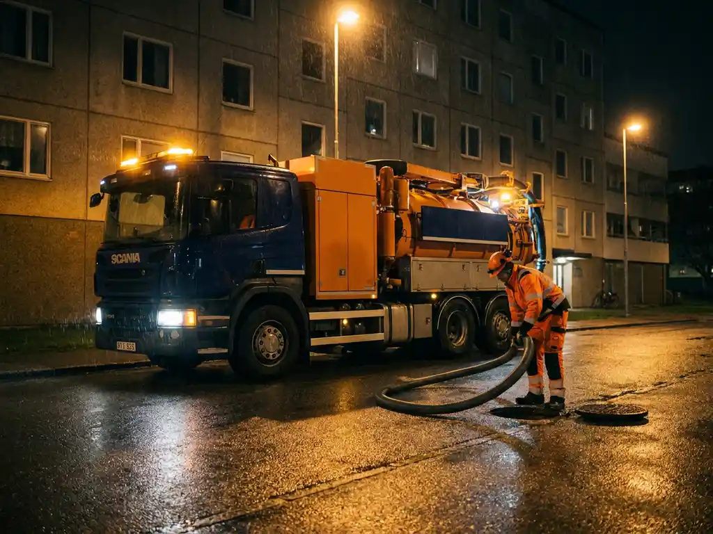 Högtrycksspolbil vid flervåningshus på natten, tekniker rullar ut avloppsslang mot marknivåbrunn på vått asfaltunderlag.