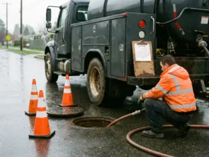 Avloppsrensningsbil parkerad på regnvåt gata, tekniker i orange arbetskläder vid öppen brunn med högtrycksslang.