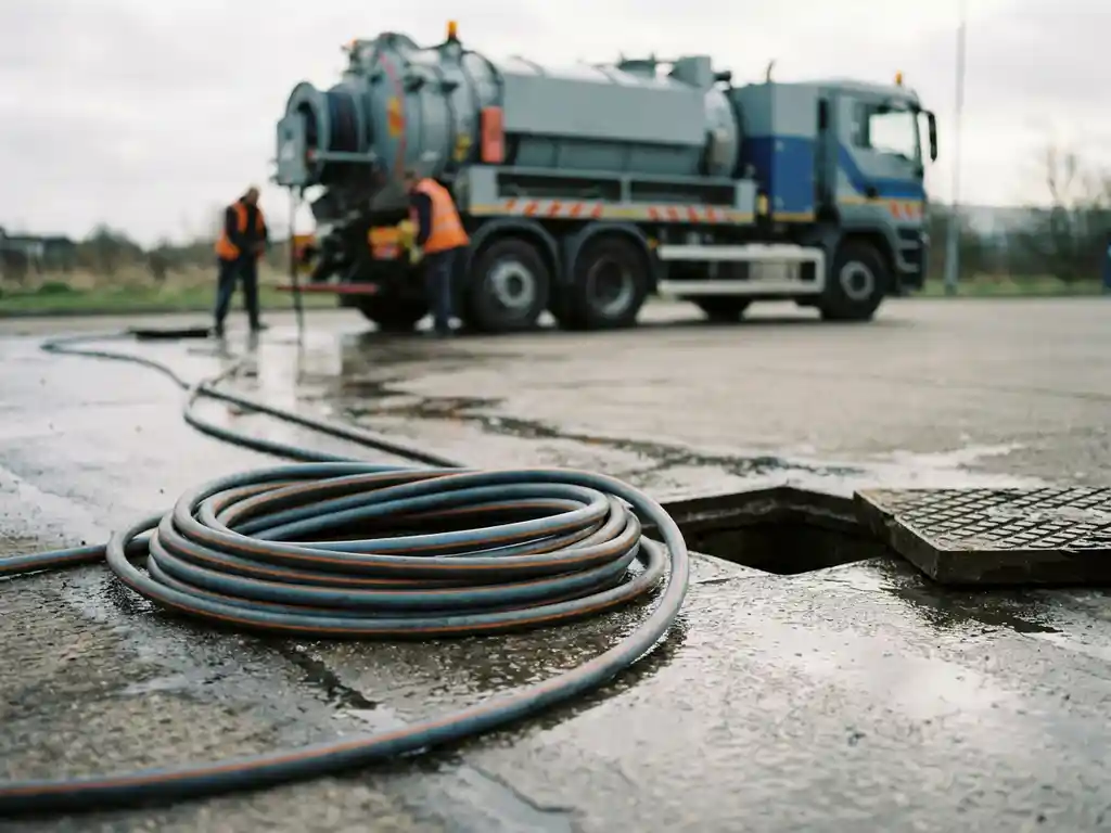 Högtrycksslang på vått betongunderlag bredvid öppet brunnslock, spolbil synlig i bakgrunden under mulet dagsljus.