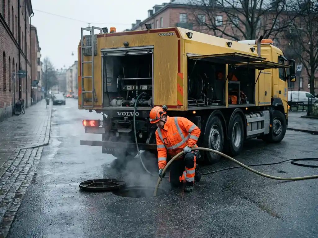 Gul spolbil parkerad på våt stadsgata vid öppen brunn, tekniker i varselkläder matar högtrycksslang ner i avloppet medan dimma stiger från asfalten.