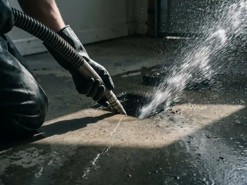 Rörmokare i handske styr högtrycksslang in i avlopp på vått betonggolv, vattenstänk sprayas utåt.