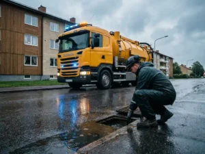 Gul sugbil parkerad på regnvåt gata vid svenskt flerbostadshus, tekniker inspekterar öppen dagvattenbrunn i förgrunden.